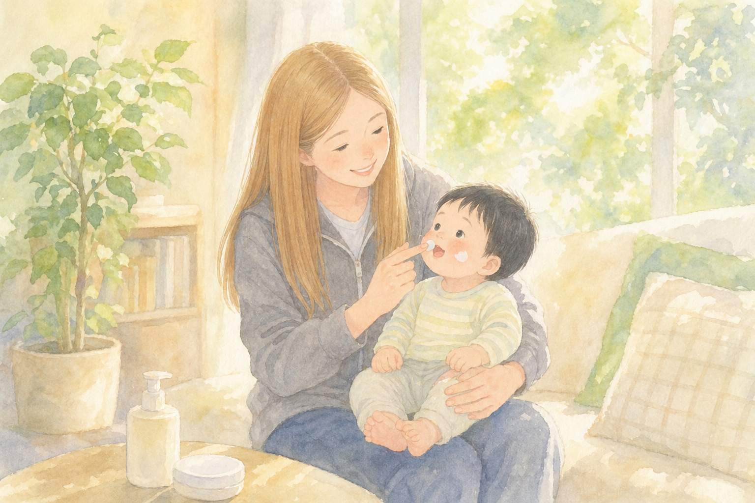日焼け止めを優しく塗るママと息子