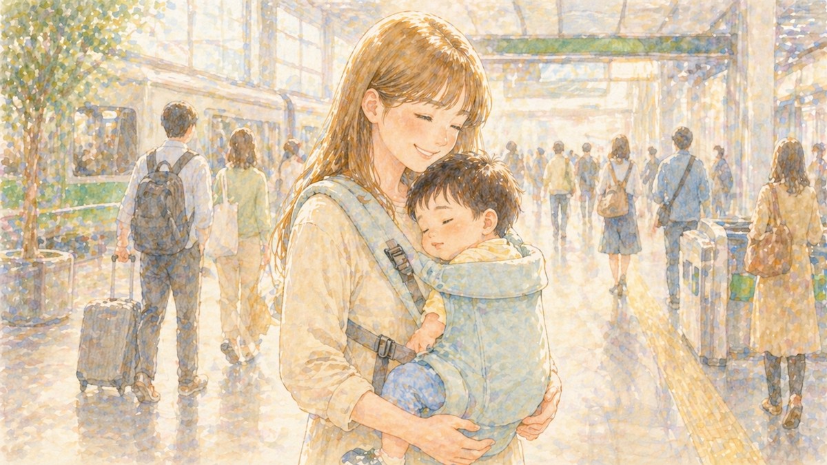 電車の駅で抱っこ紐を使うママのイラスト