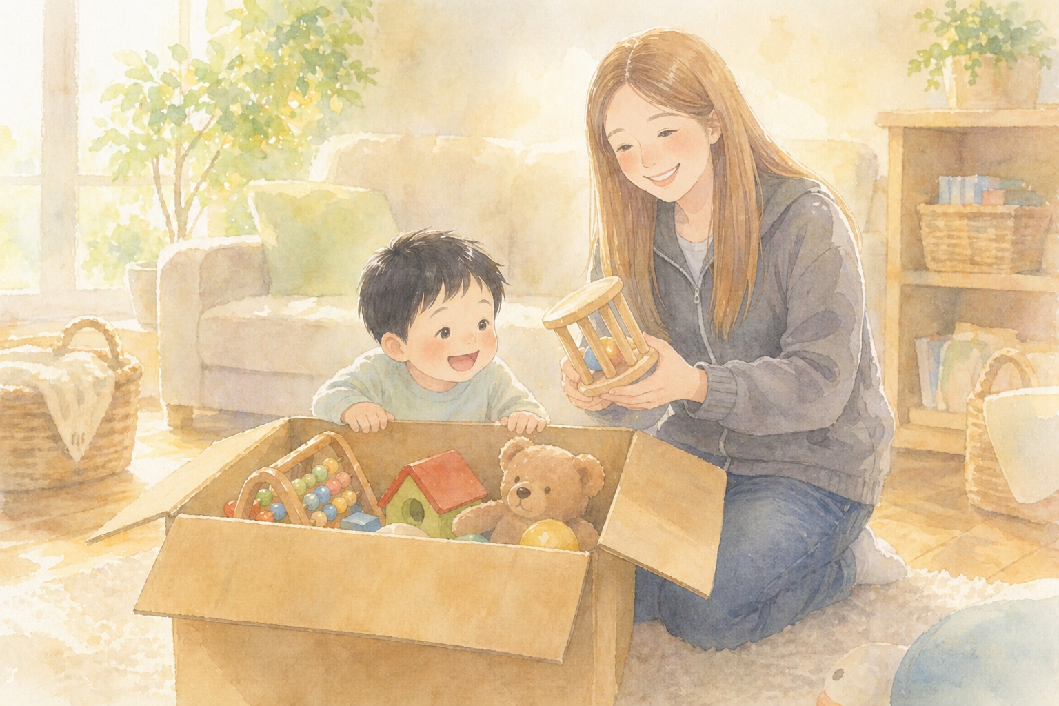 サブスクで届く段ボールを開封する親子