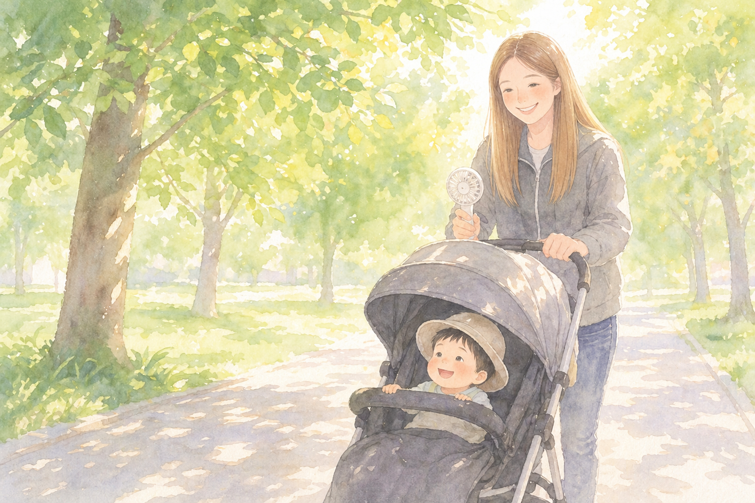 ベビーカーで帽子とUVカットフードを使う親子