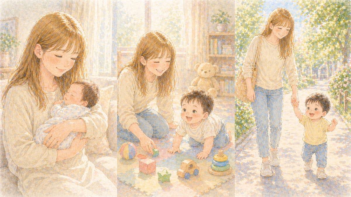 月齢ごとの外出スタイルの変化を示すイラスト