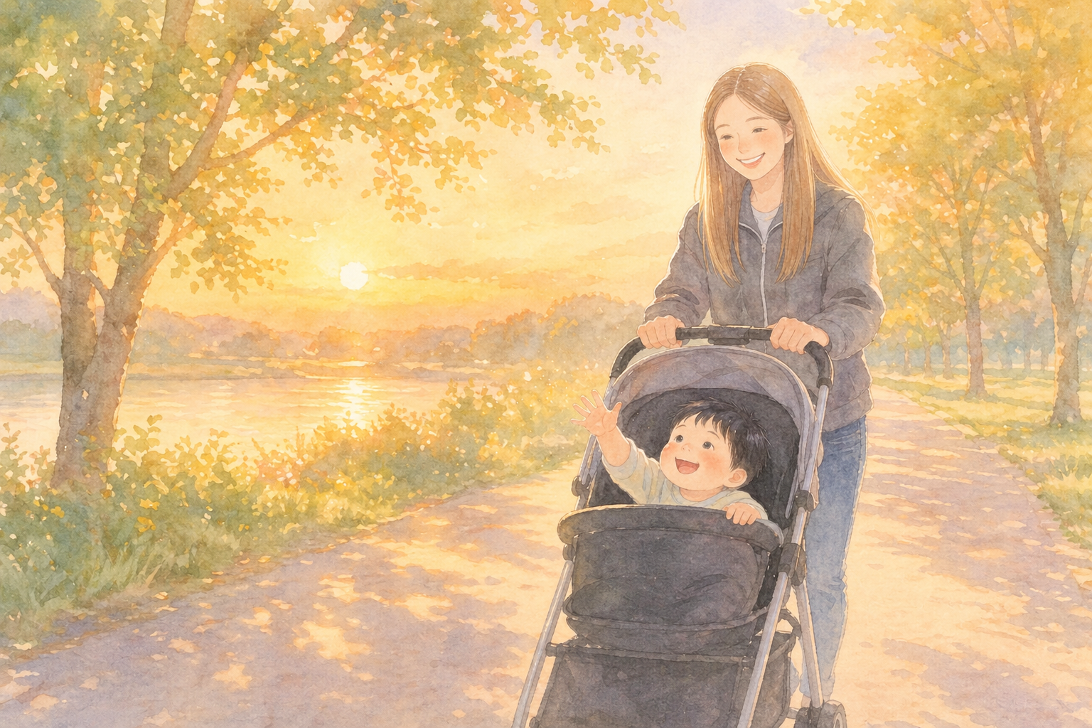 夕方散歩する親子