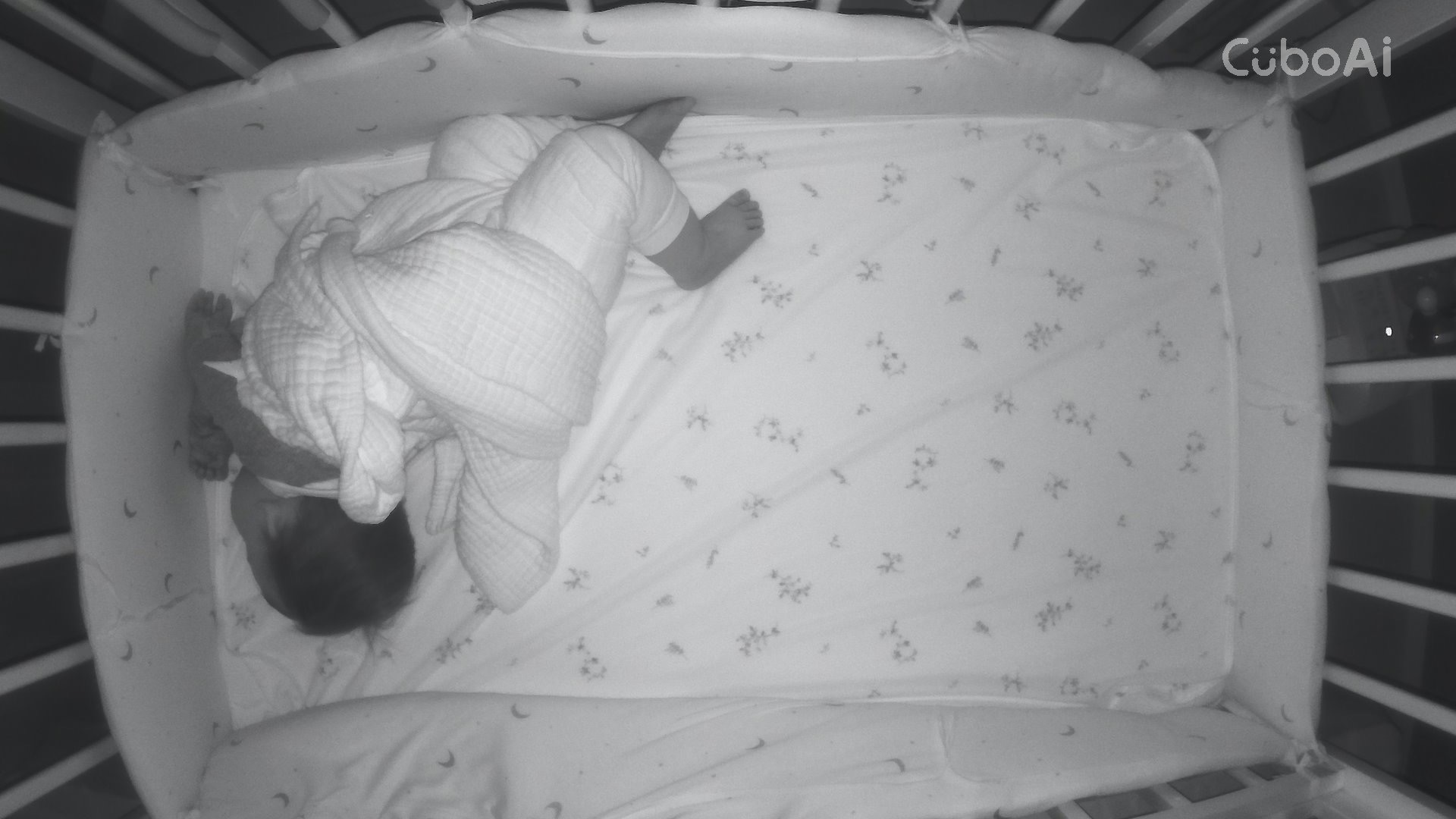 ナイトビジョンで眠る赤ちゃんを見守るカメラ映像