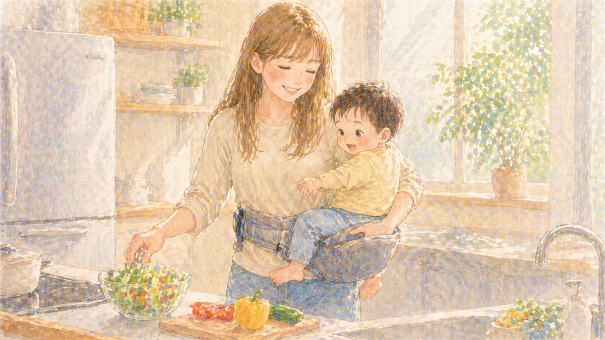 POLBANGOで家事をしながら子どもを抱っこするママのイラスト