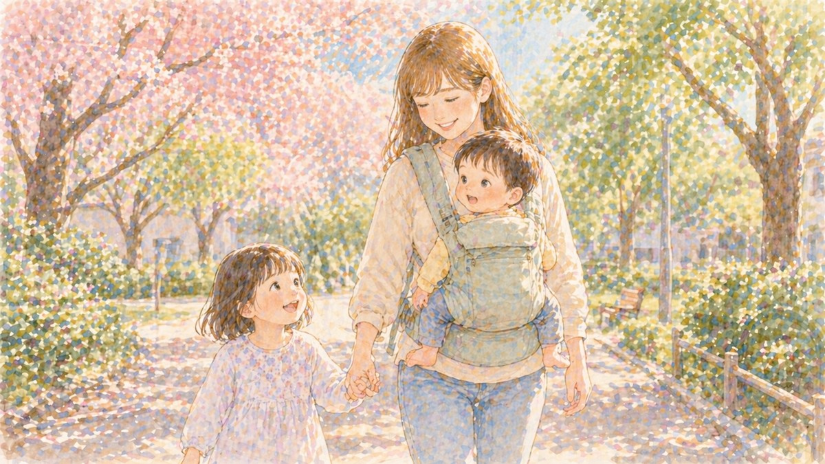 上の子と一緒に抱っこ紐で外出するママのイラスト