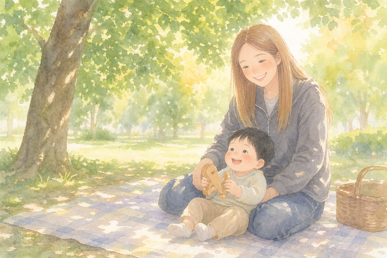 木陰で笑い合う親子