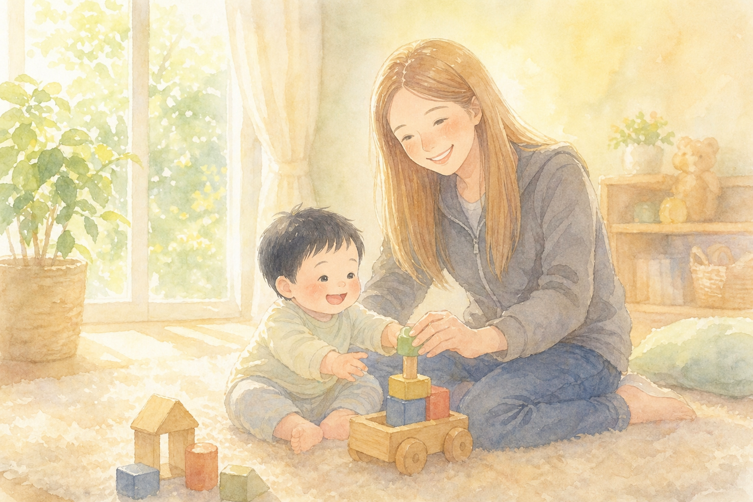 夕方の光の中で笑い合う親子