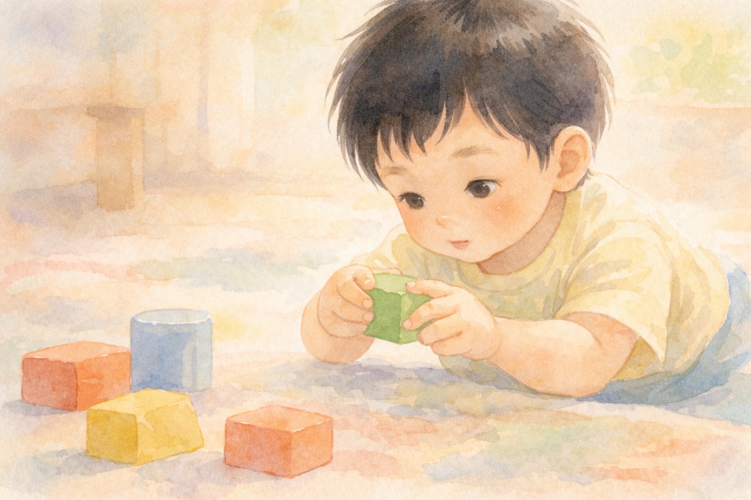 1歳の発達段階 - ブロックを指先でつまむ息子