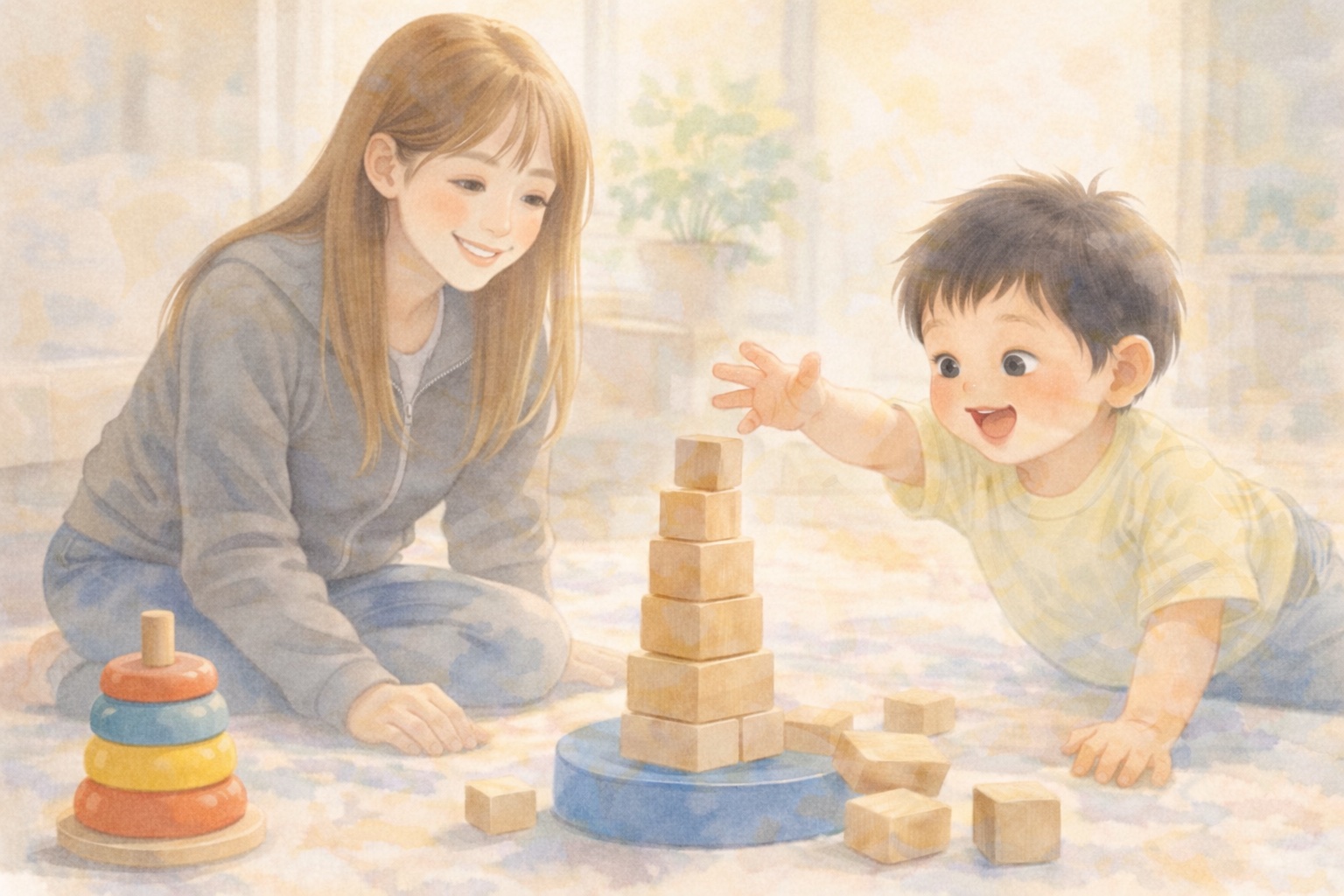 積み木遊び - ママが積んだタワーを崩す息子