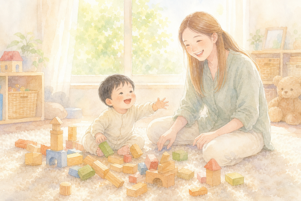崩した積み木を笑顔で見つめる親子