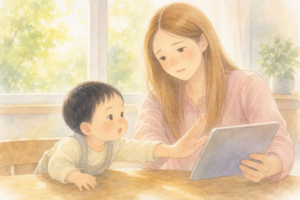 タブレットを近づけて見ようとする息子を優しく止めるママ