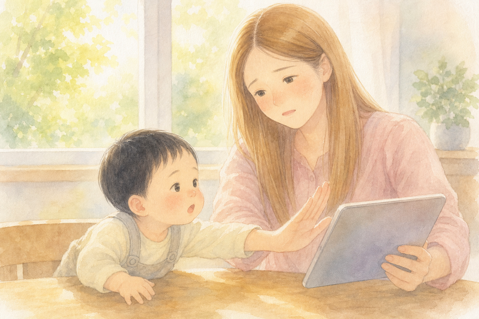 タブレットを近づけて見ようとする息子を優しく止めるママ