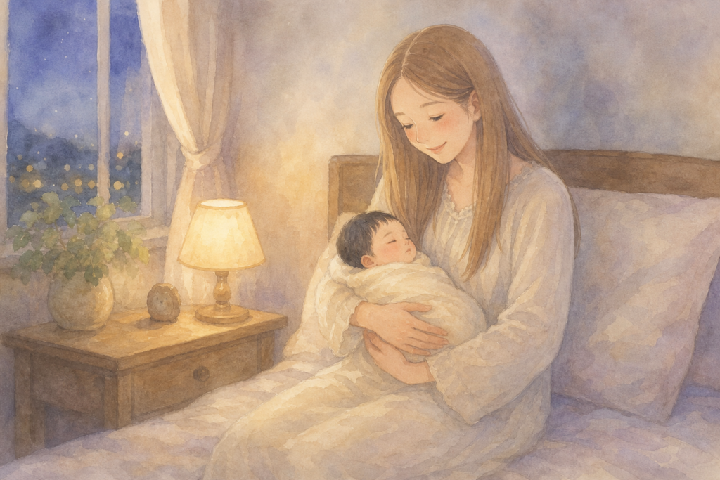 深夜の寝かしつけに疲れたママの優しい姿