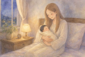 深夜の寝かしつけに疲れたママの優しい姿