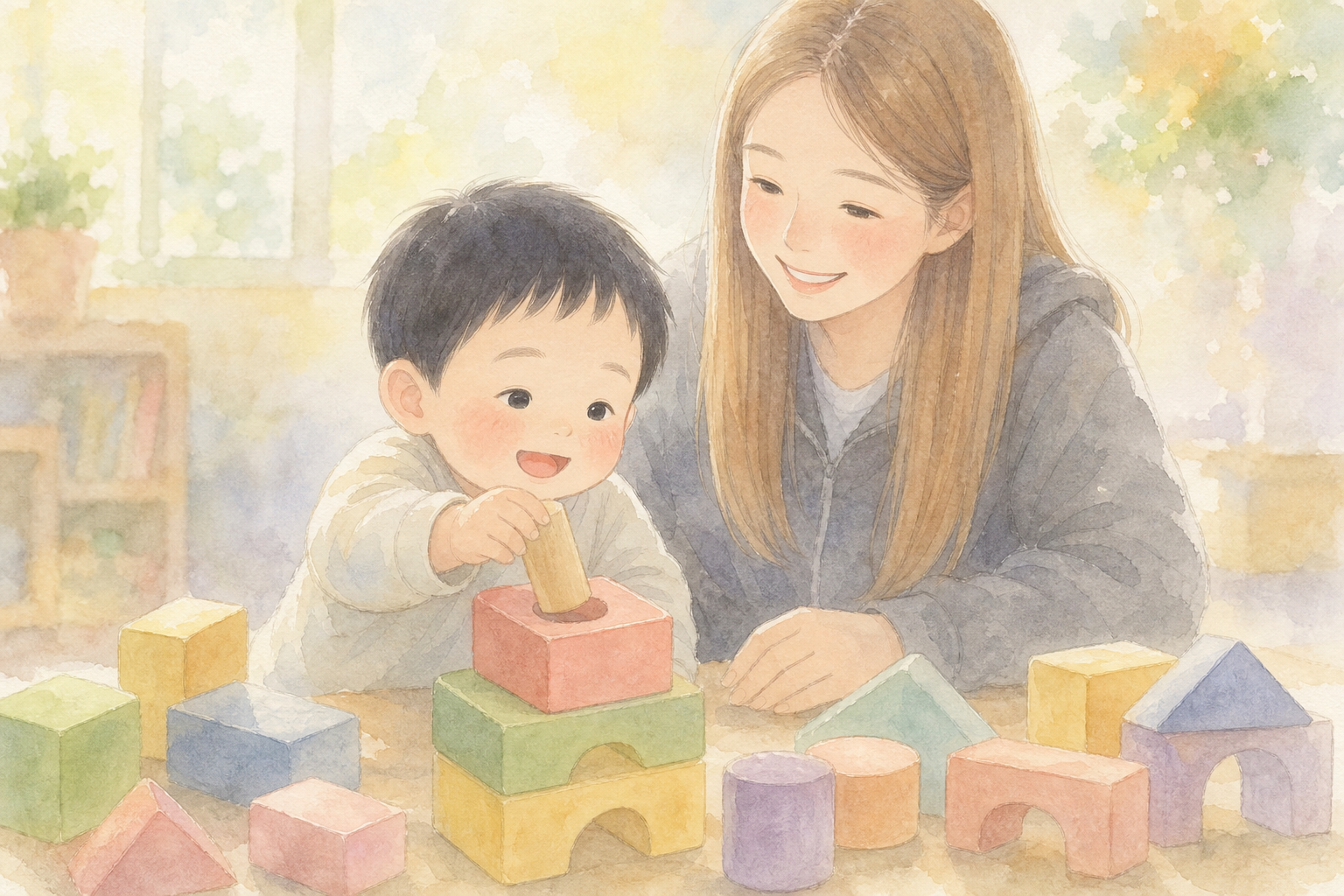 ブロックを組み立てて構成的遊びをする子どもの手元
