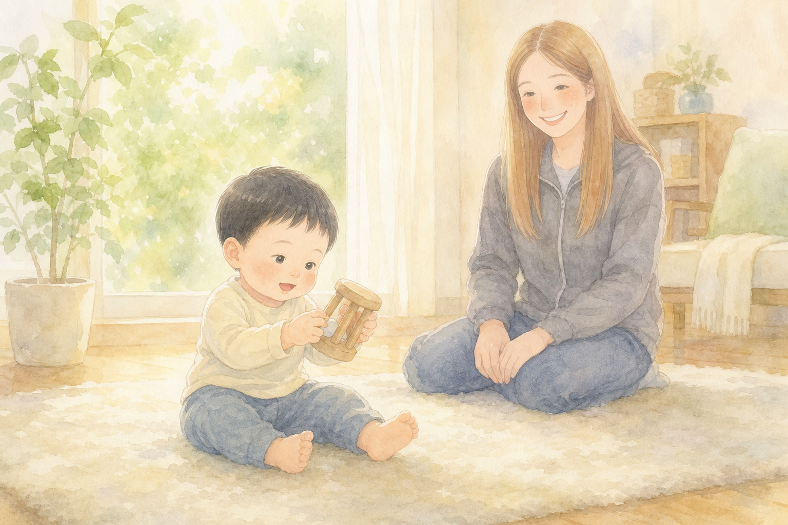 おもちゃに集中する1歳半の男の子