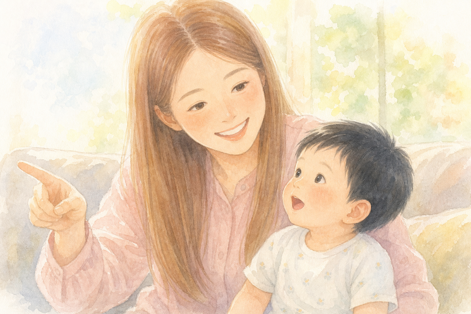ママが子どもに語りかけながら共視聴する様子