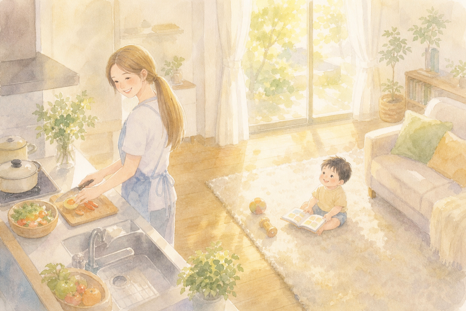 夕飯の準備中、リビングで穏やかに過ごす1歳児