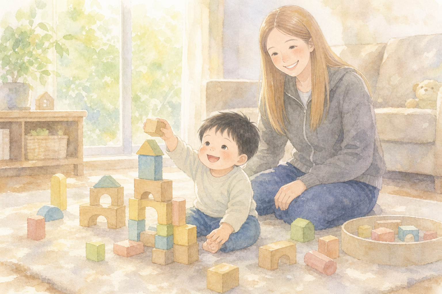 スタッキングキューブで創造的に遊ぶ男の子