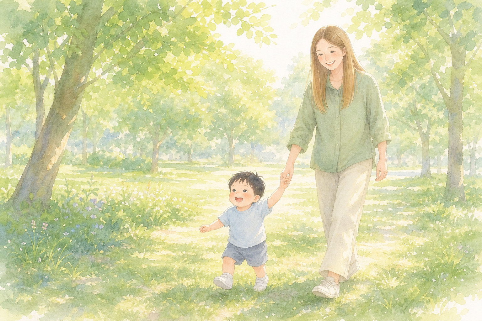 公園で手をつないで散歩する親子