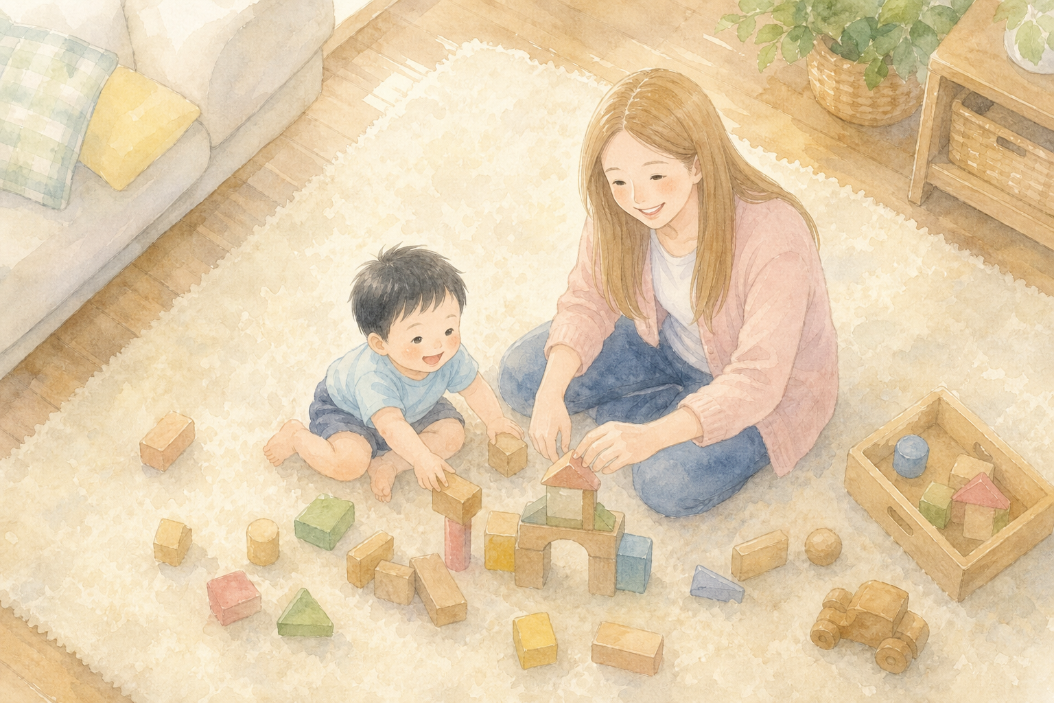 親子で一緒に積み木で遊ぶ様子