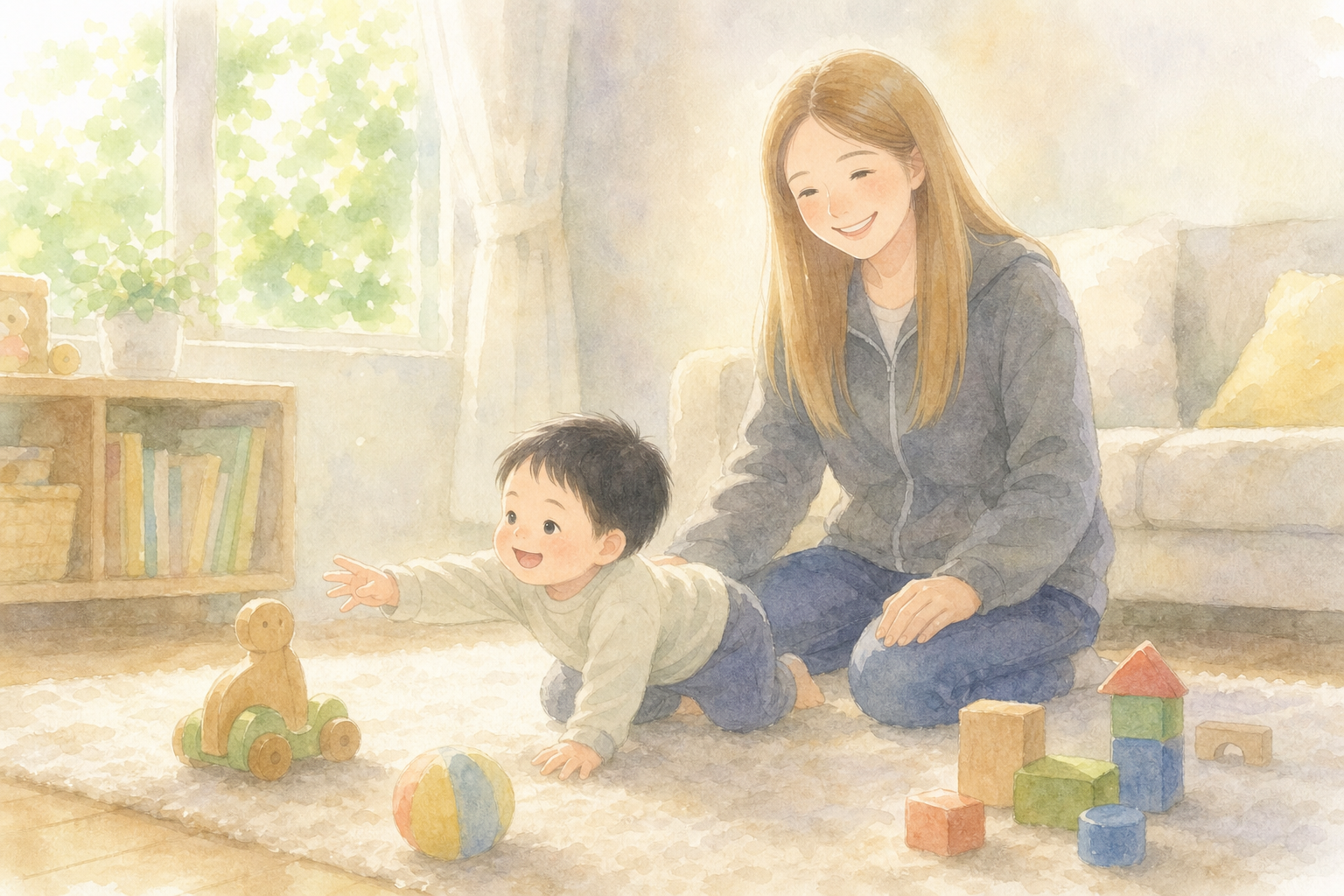 やさしく見守るママと次のおもちゃへ向かう男の子