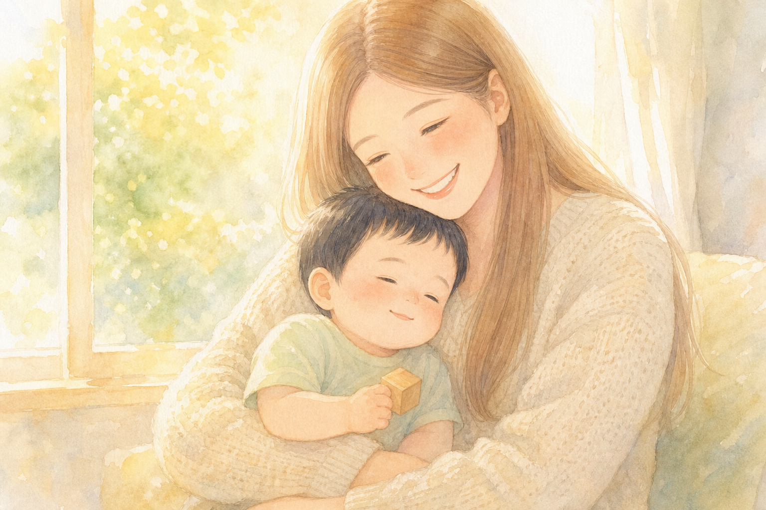 夕日の中で息子を抱きしめるママ