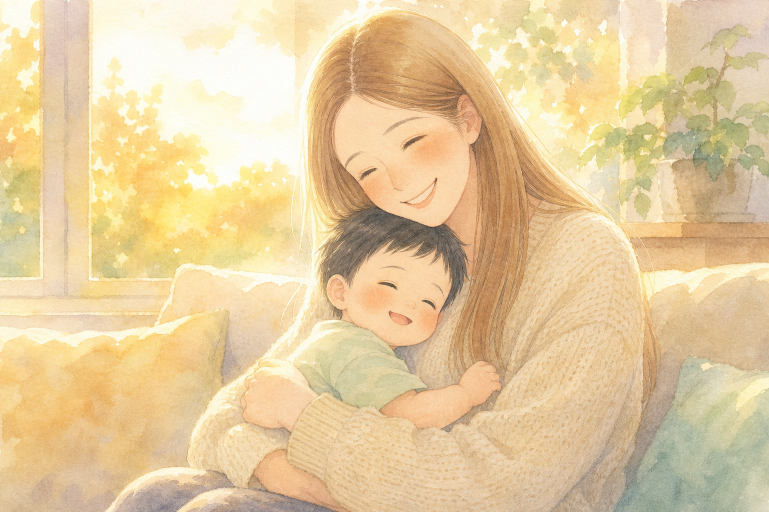 夕日の中で息子を抱きしめるママ