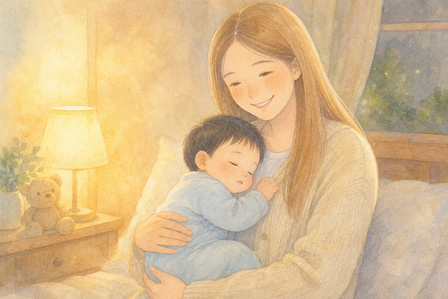 穏やかに眠る息子を抱きしめるママ