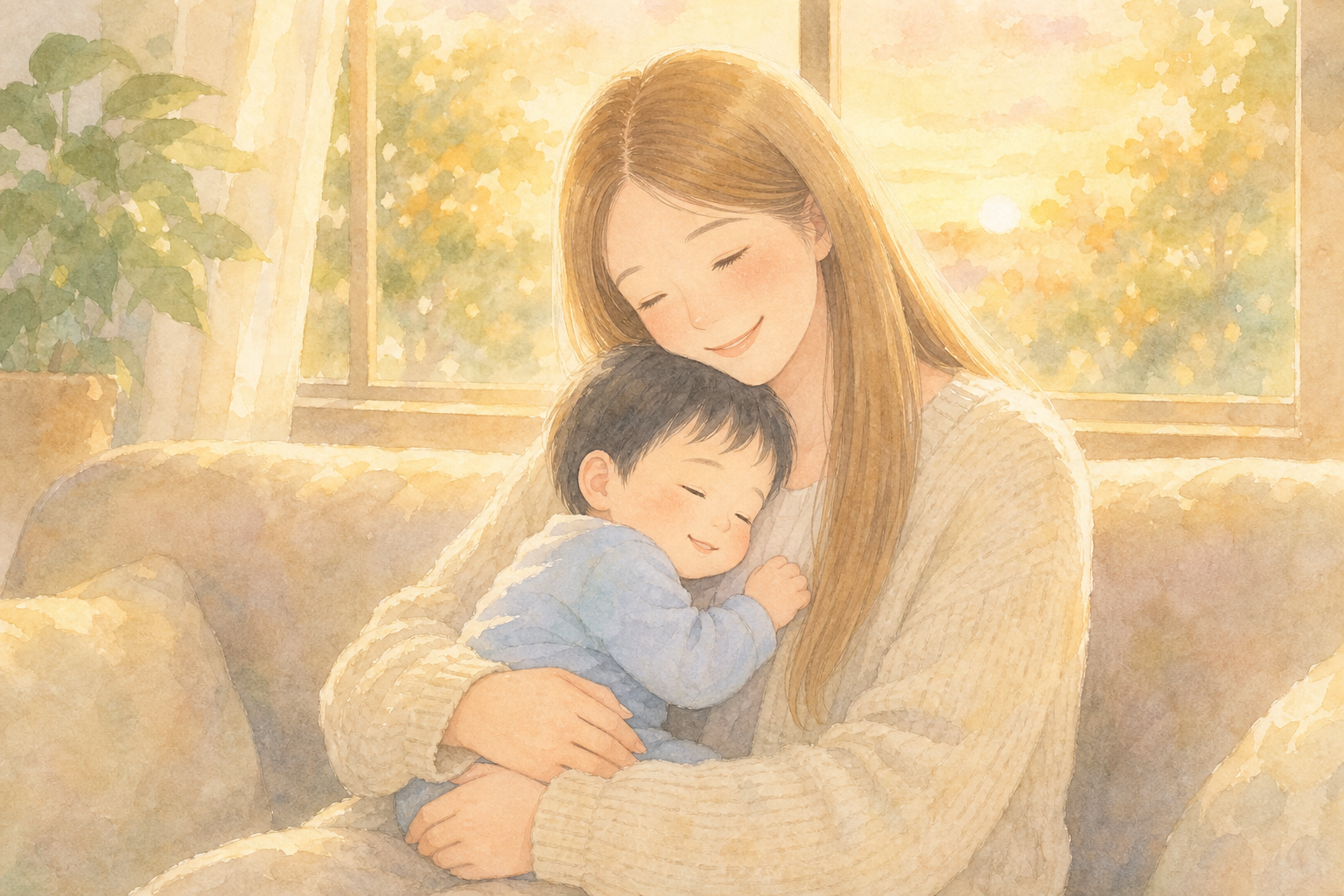 夕日の中で息子を抱きしめるママ
