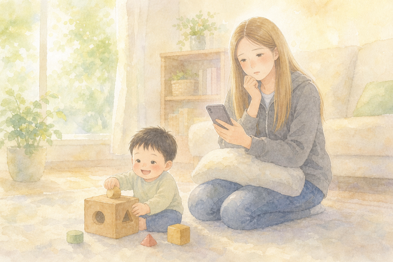 英語教材の広告を見て悩むママ