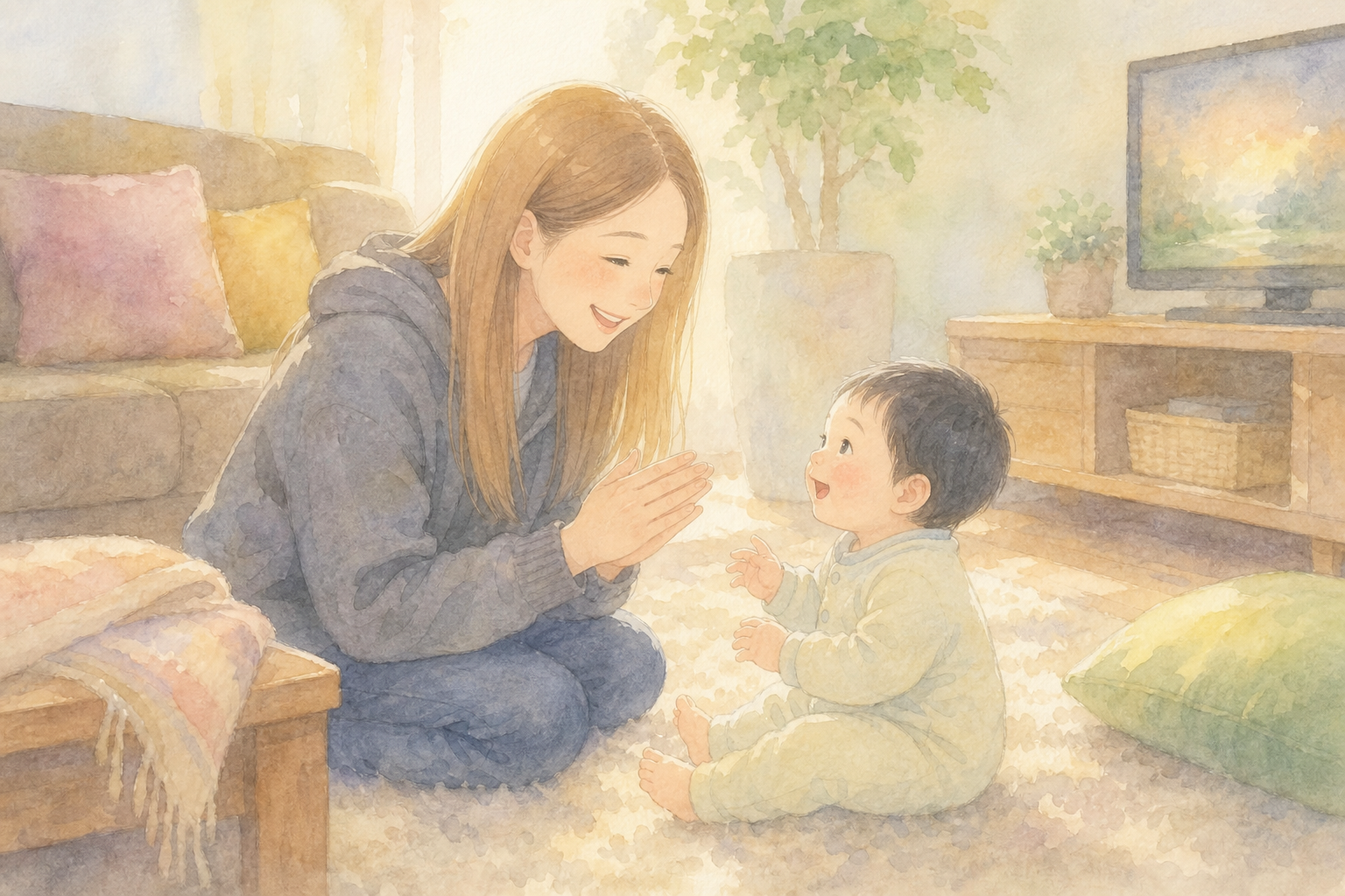 向き合って話しかける親子