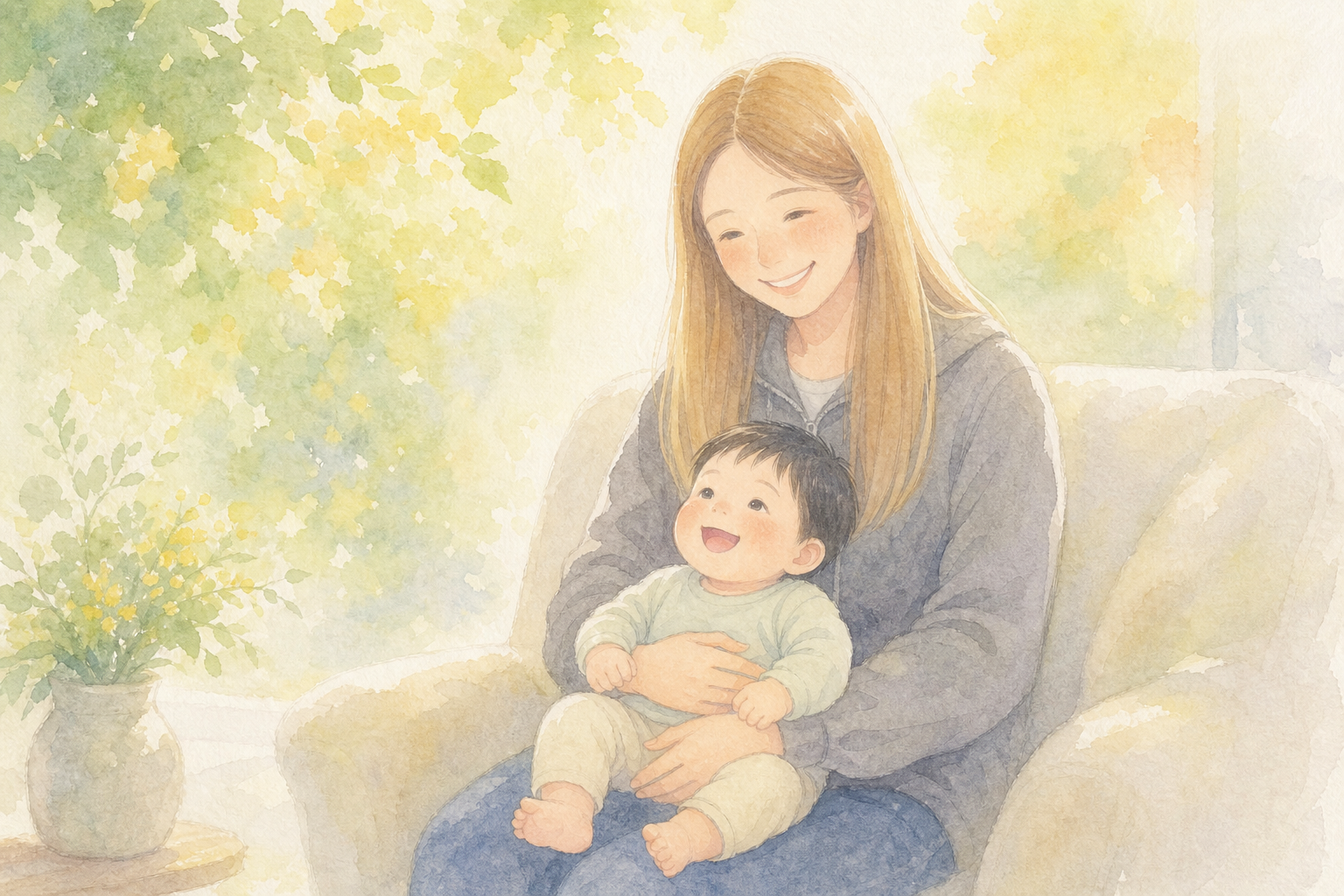 ママの膝で安心する赤ちゃん