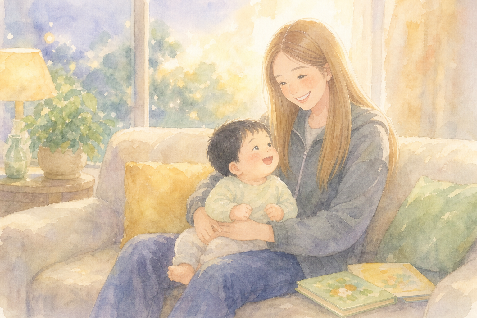 夕方ソファでくつろぐ親子