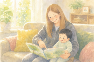 ソファで英語の絵本を一緒に読む親子