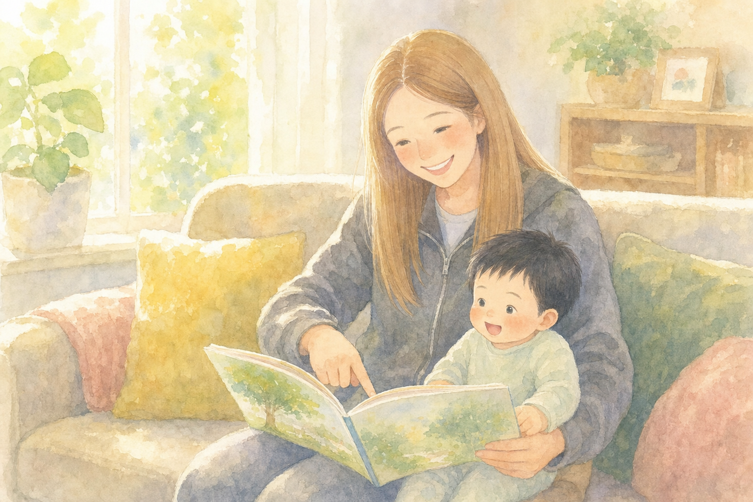ソファで英語の絵本を一緒に読む親子