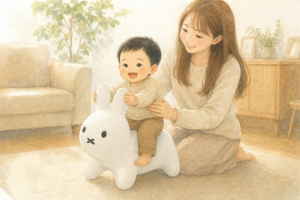 ブルーナボンボンに乗る1歳の男の子とママ