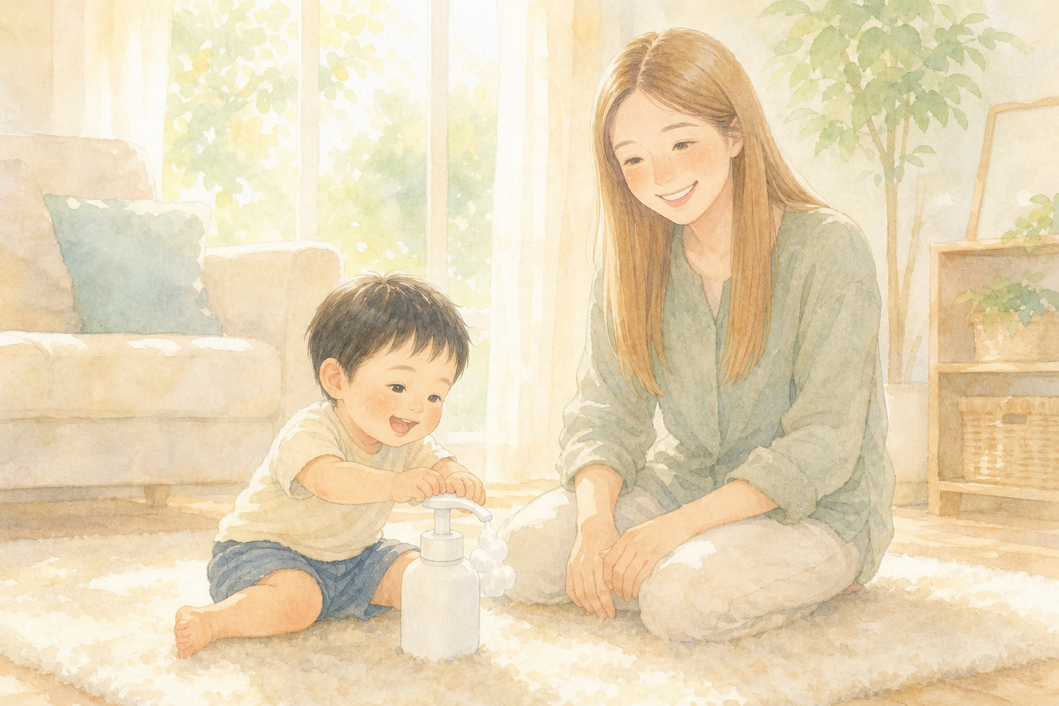 ボトル遊ぶ息子と母