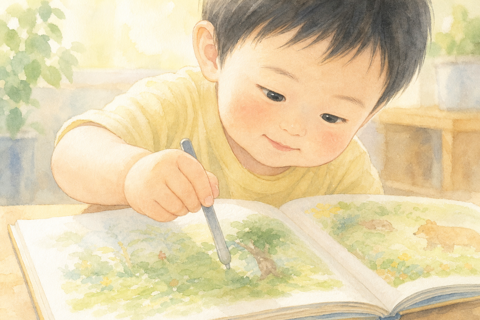 タッチペンと絵本のクローズアップ