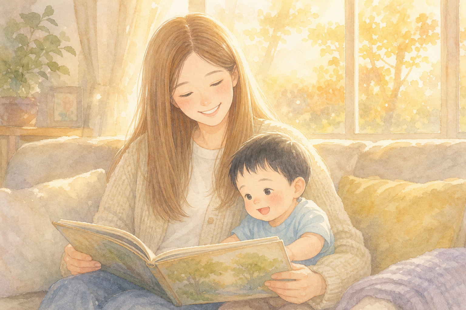 ソファで絵本を見る母子・夕日