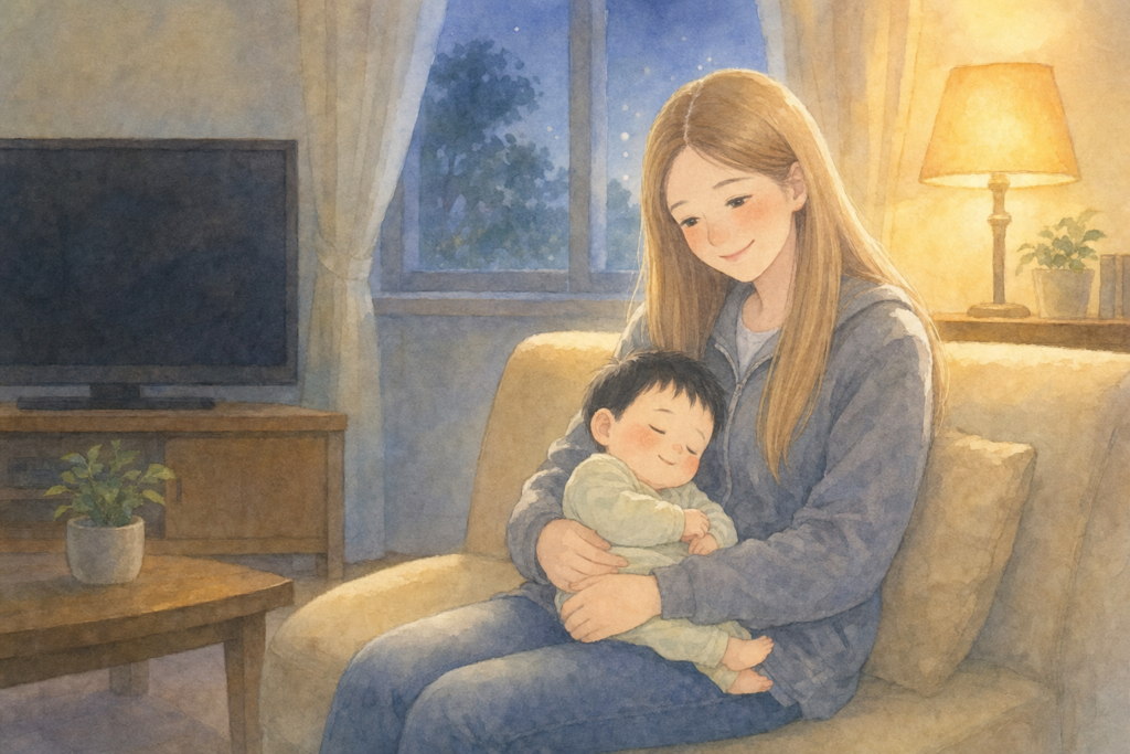 夜のリビングで息子を抱く母