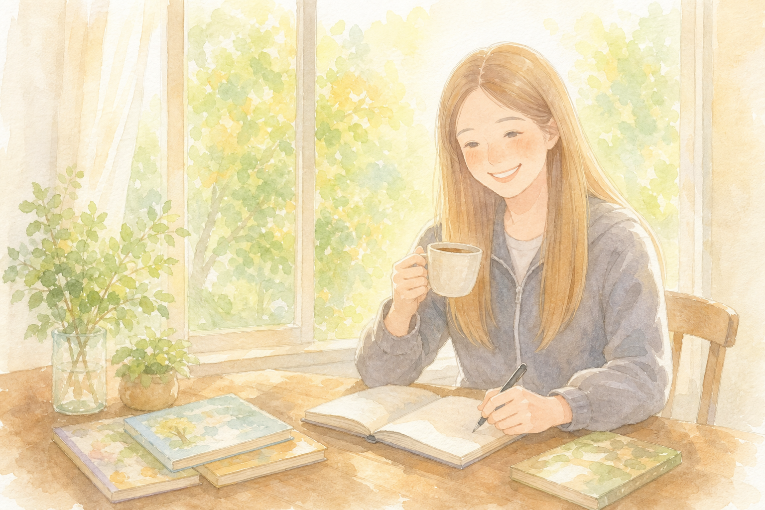 朝のテーブルでノートを書く母