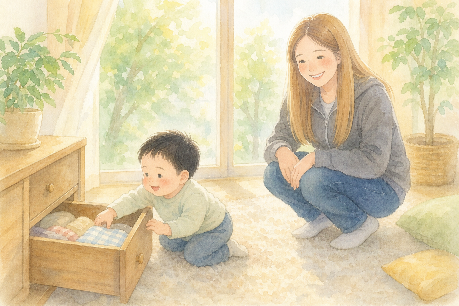引き出しを開ける息子と見守る母