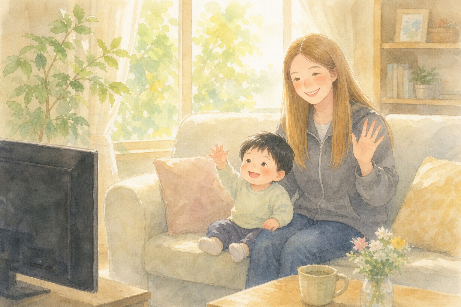 ソファでテレビにバイバイする母子
