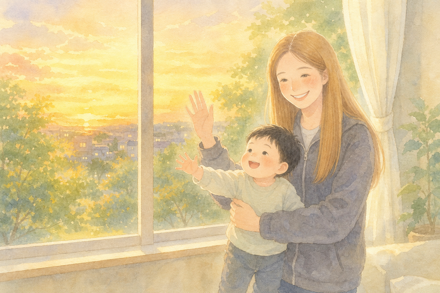 窓辺で手を振る母子・夕日