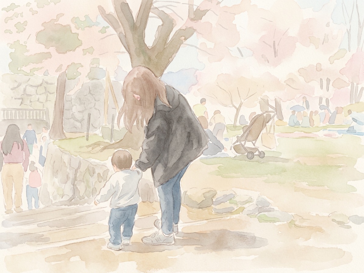 桜の下のおでかけシーン