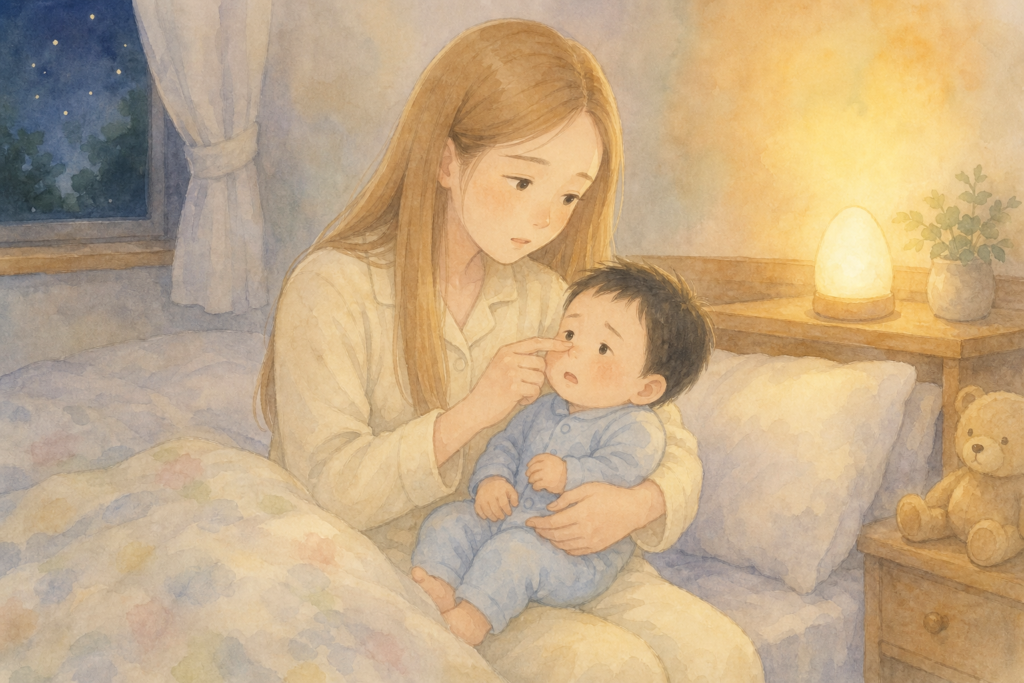 夜中、鼻詰まりの息子をやさしく見守るママの水彩画