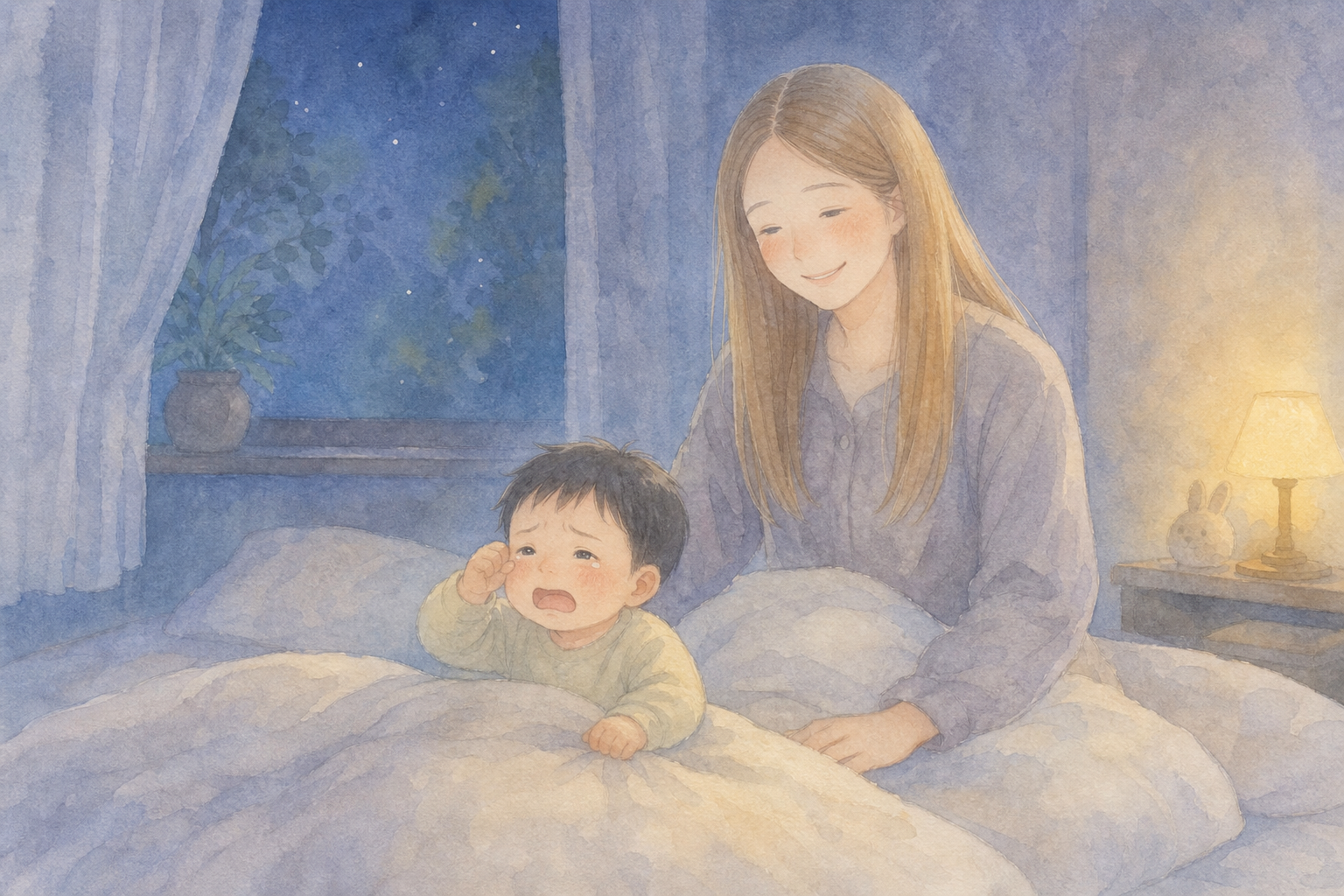 夜中に目を覚ます赤ちゃんとママ