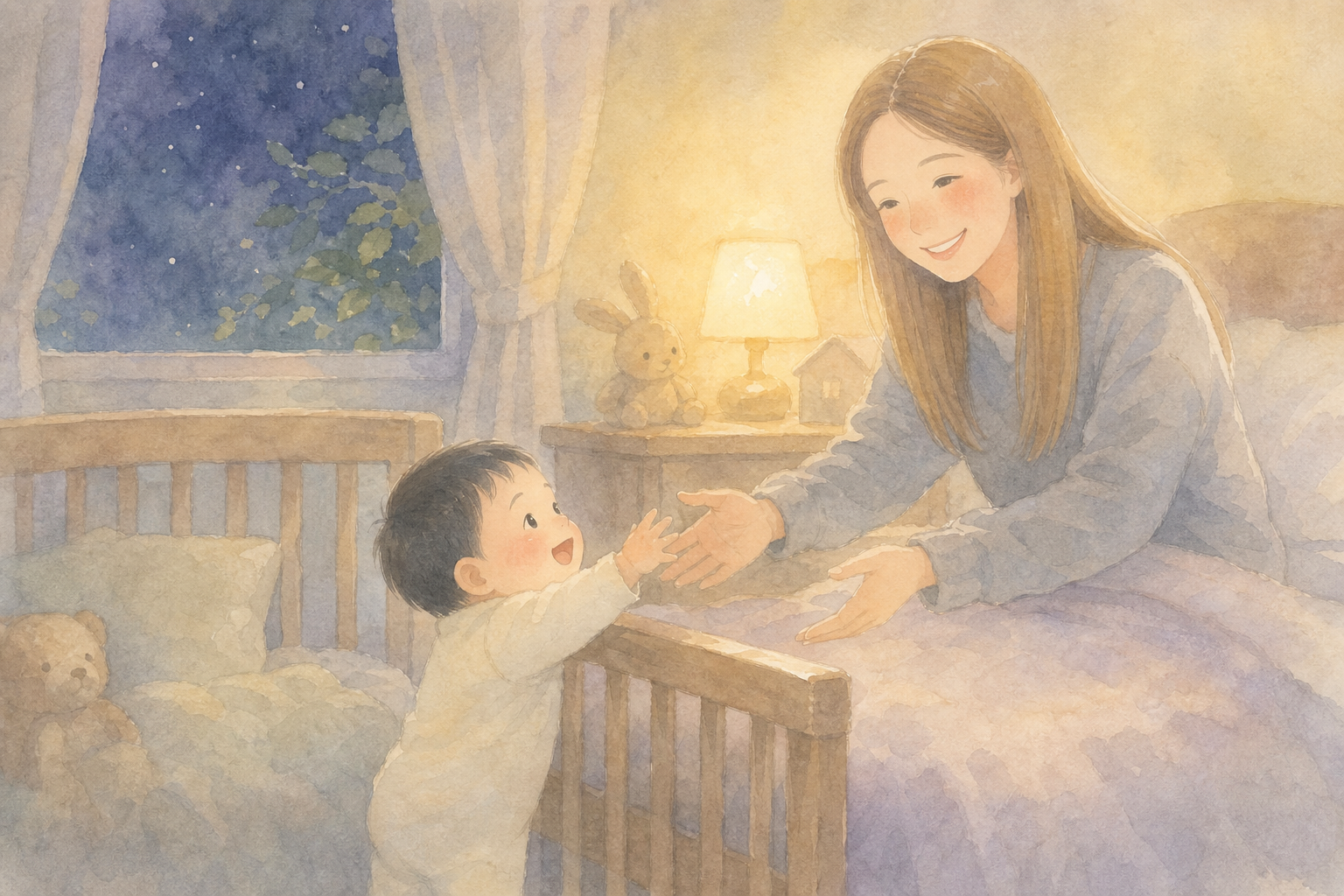 夜つかまり立ちしてママを求める赤ちゃん