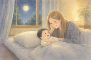 夜の寝室で赤ちゃんに寄り添うママ
